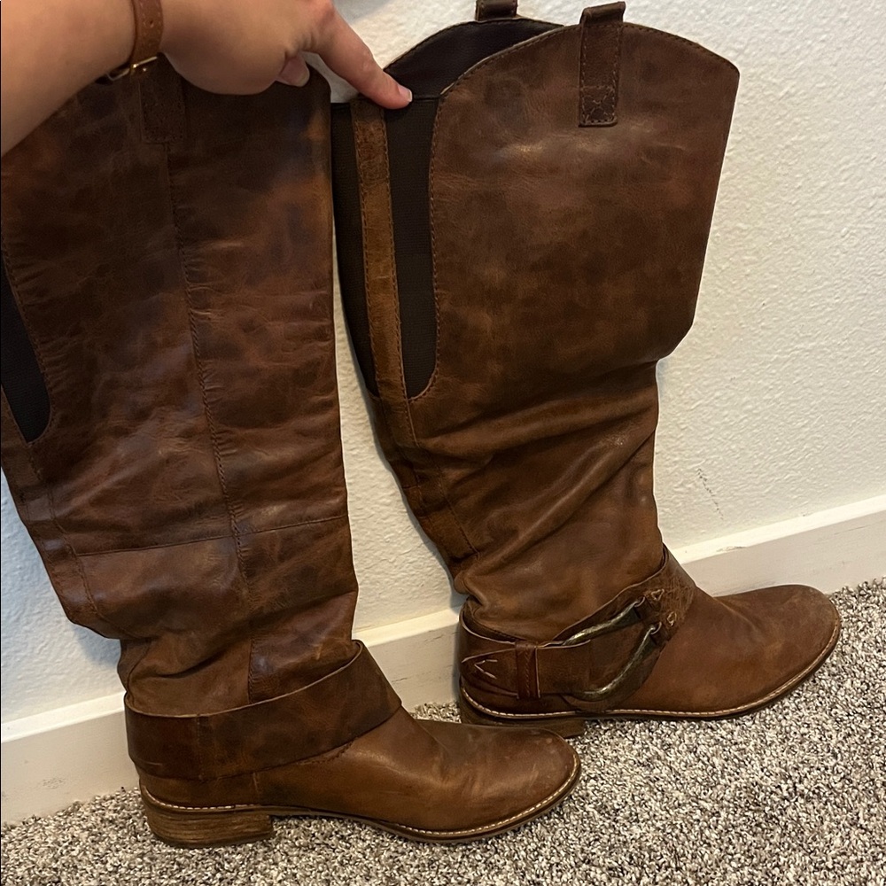 Women's Wide Calf Brown Leather Heeled Boots